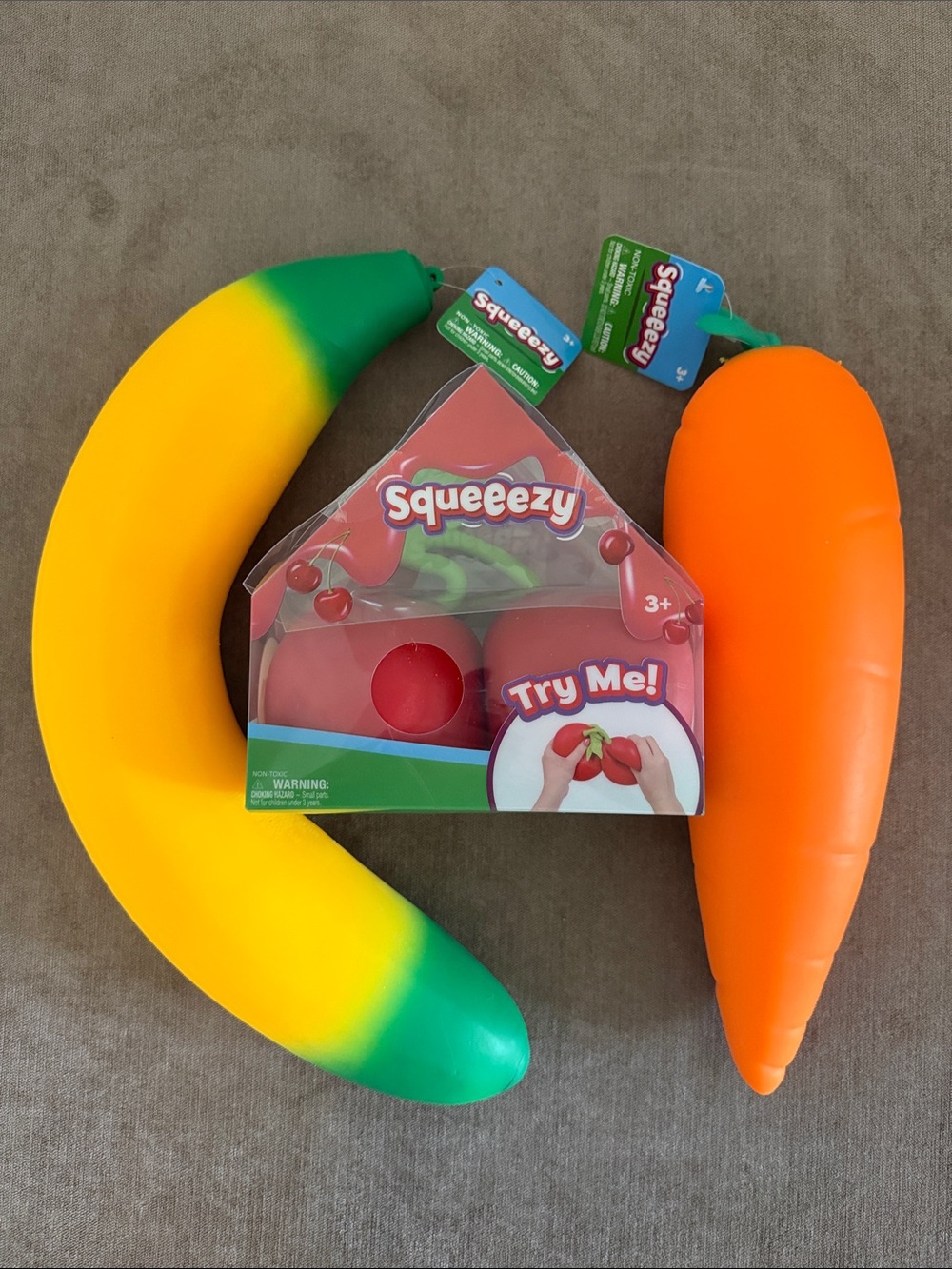 Sunny Days Squeezy Cherries, Banana & Carrot Fidget Toys | New